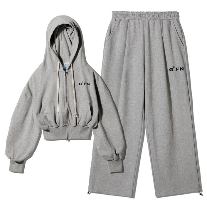 오버핏 기모 스몰 크롭 후드 집업 원턱 밴딩 스트링 트레이닝복 셋업 멜란지