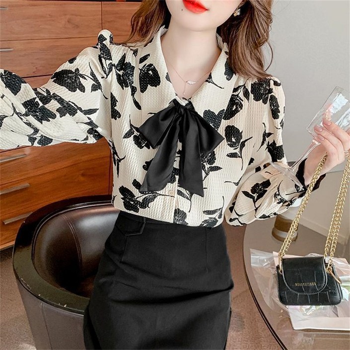 TKX 여성용 긴팔 플라워 프린팅 얇은 블라우스 봄 가을 패션 루즈핏 카라 리본넥 데일리룩 KC69