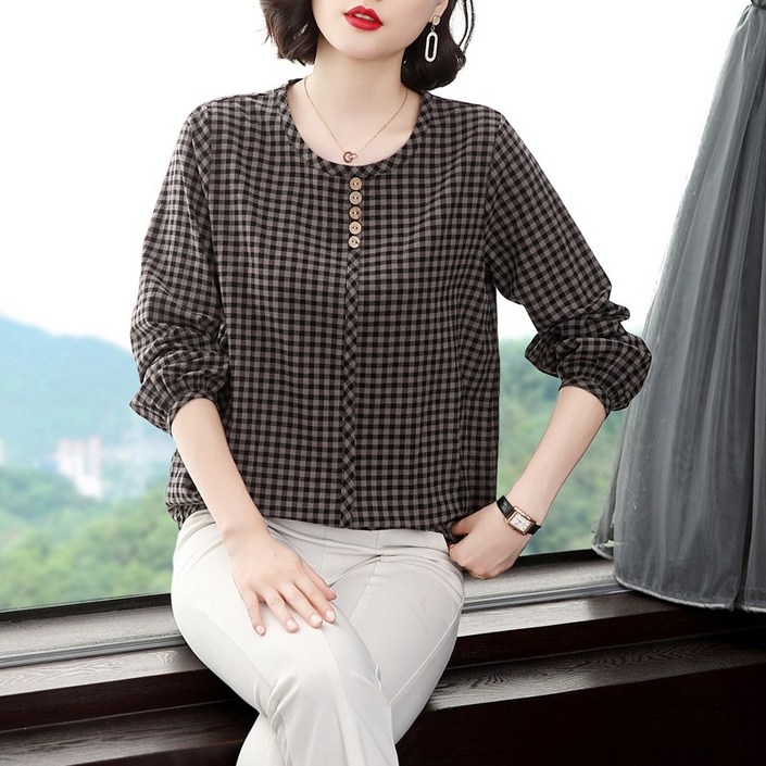 채윤러브 chaeyoon love 봄 가을 중년여성 40대 긴팔 면마 체크 라운드넥 티셔츠