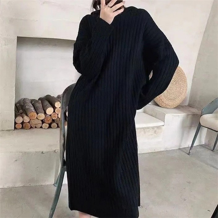 시연 가을 겨울 루즈 후드 니트 롱원피스 긴팔