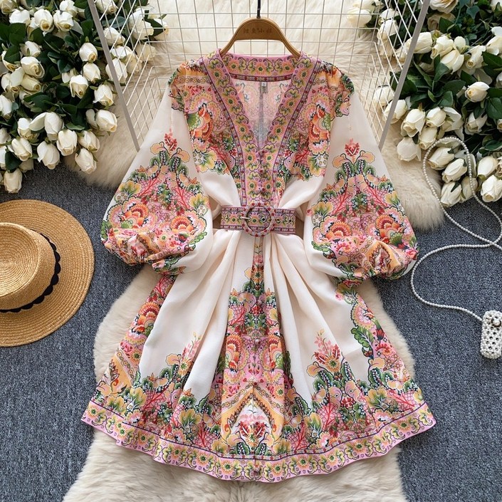 가을 보헤미안 원피스 벨트 그린 휴양지 나시 플라워 루즈핏 여름 빈티지 여성 겨울 쉬폰