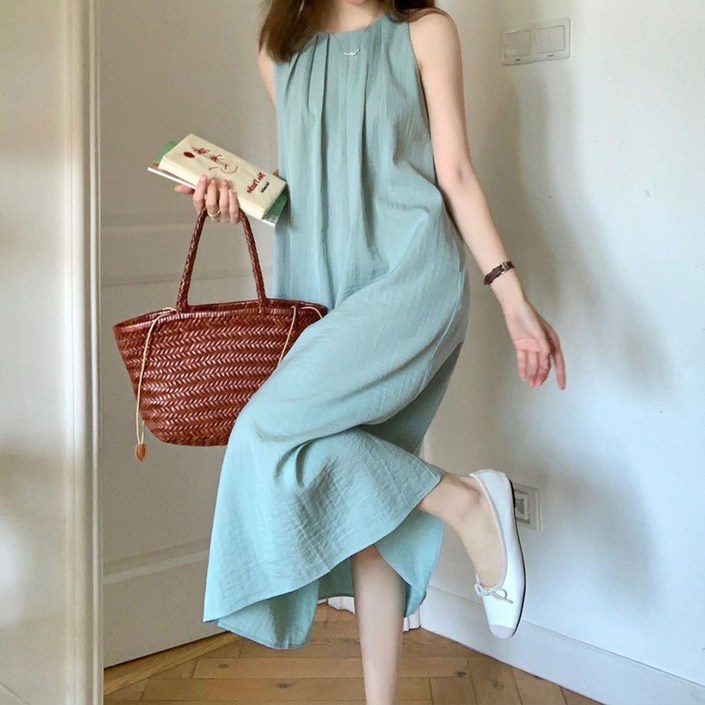 COSYEVNO 여름 여성 롱 원피스 민소매 솔리드 오버핏 바캉스룩