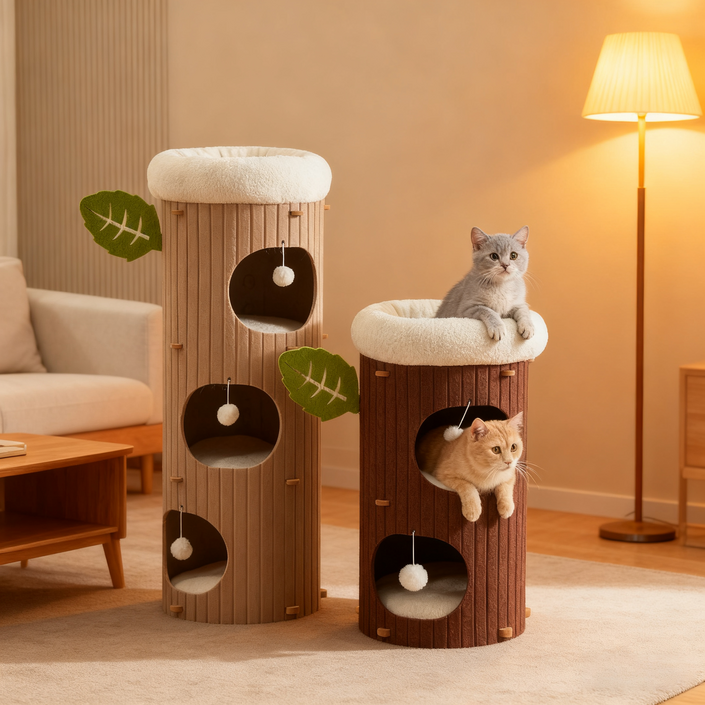 CYLIFE 고양이 숨숨집 통나무형 하우스 스크래쳐 캣타워 고양이 집