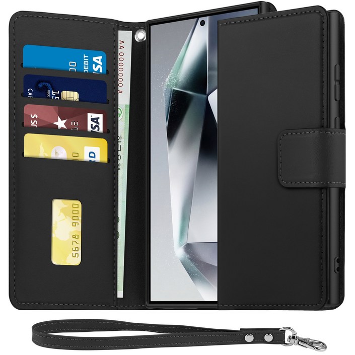 아칸크 갤럭시 S21 울트라(SM-G998N) 다이어리 가죽 지갑 휴대폰 케이스+핸드 스트랩 세트