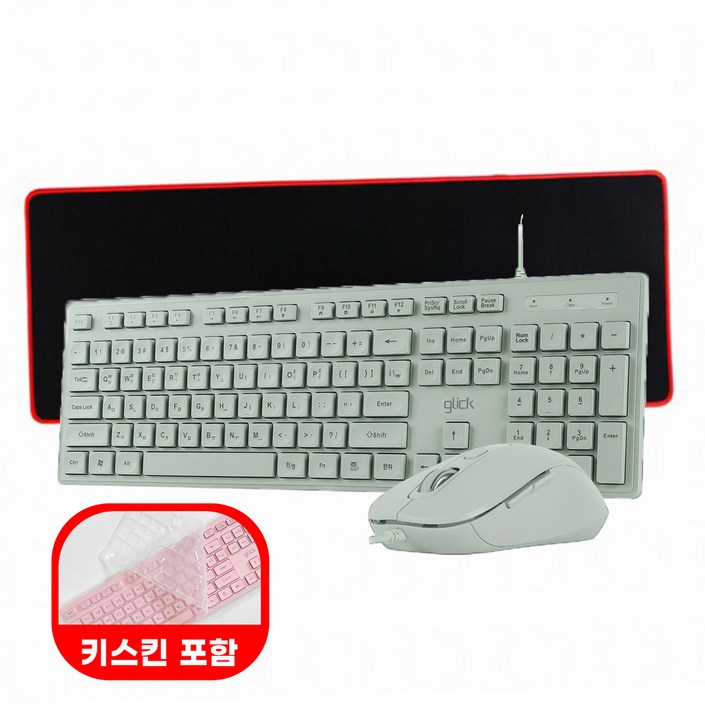 지클릭커 GMK300 COMBO 슬림 유선 키보드마우스 세트 펜타그래프 with 장패드 키스킨 포함, 인체공학적, 그린, GMK300 COMBO