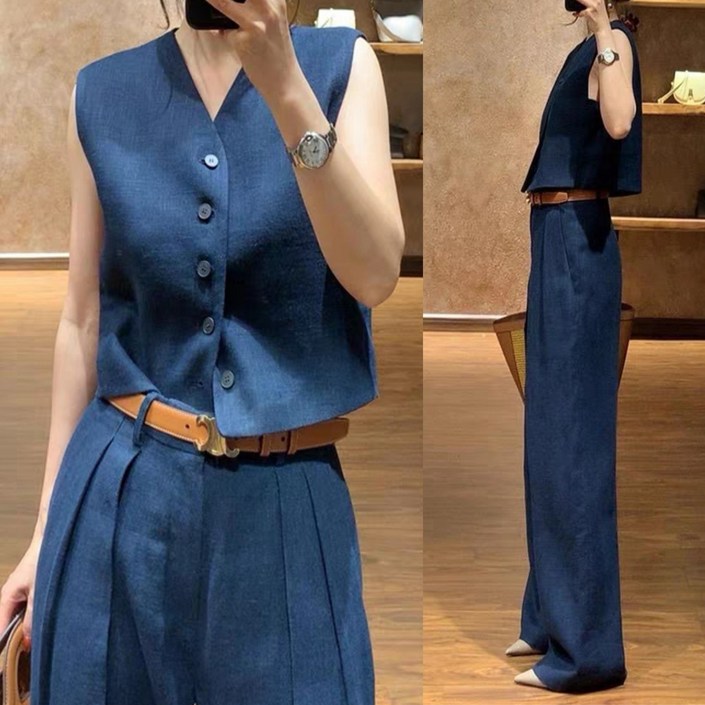 에쥬아 여자 여름 오피스룩 정장조끼와이드팬츠 세트 오피스룩 하객룩