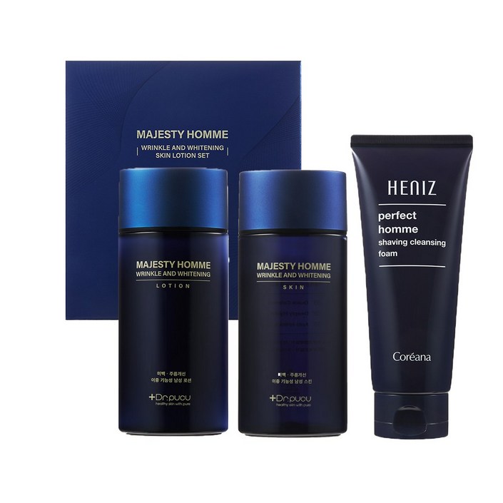 중년남성면도피부 진정주름탄력 미백 개선 마제스티 옴므 링클 앤 화이트닝 스킨로션 세트 코리아나 쉐이빙 클렌징 폼 모공 피지 각질 케어, 1세트