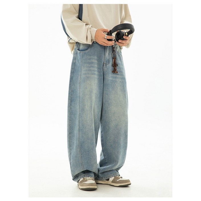 남성용 빈티지 워싱 오버핏 데님 팬츠 루즈핏 롱 청바지 팬츠