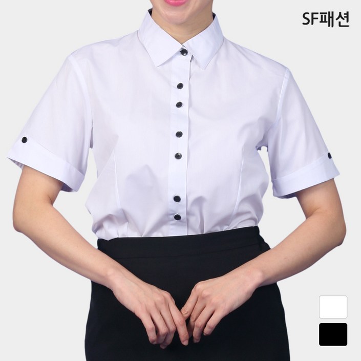 여성 단추 포인트 기본 반팔 셔츠 유니폼 와이셔츠