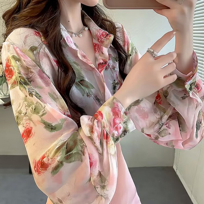 HANLIN 여성 쉬폰 소매 플라워 벌룬 블라우스 셔츠 FT506IR9