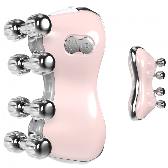 Leeko EMS 페이스 롤러 괄사 마사지기 LED 광케어 다기능 전동 피부 마사지기 바디 마사지기 45도온열 곡선 얼굴 리프팅+8개의 금속 마사지 롤러, 핑크