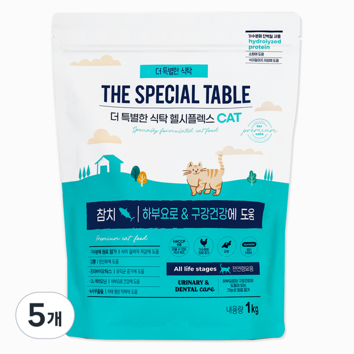 푸디 더특별한식탁 전연령 고양이 기능성 유리너리  장건강 건식 사료 헬시플렉스, 5개, 1kg, 참치