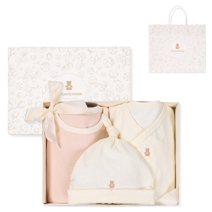 오가닉맘 출산선물 라인 오가닉 신생모  MJR7HA03 + 배내수트 MJRNBS08 +칠부바디수트 MJRLQS01 세트 + 쇼핑백