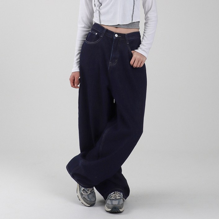 수비진 여성용 생지 백포켓 포인트 벌룬핏 와이드 청바지 7509