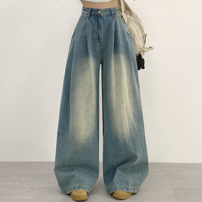 여성용 유니크 핀턱 와이드 데님 팬츠