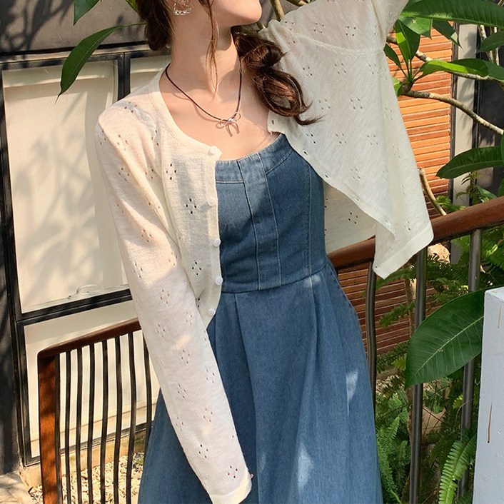 마켓에이 여성용 비카 펀칭 여름 니트 가디건