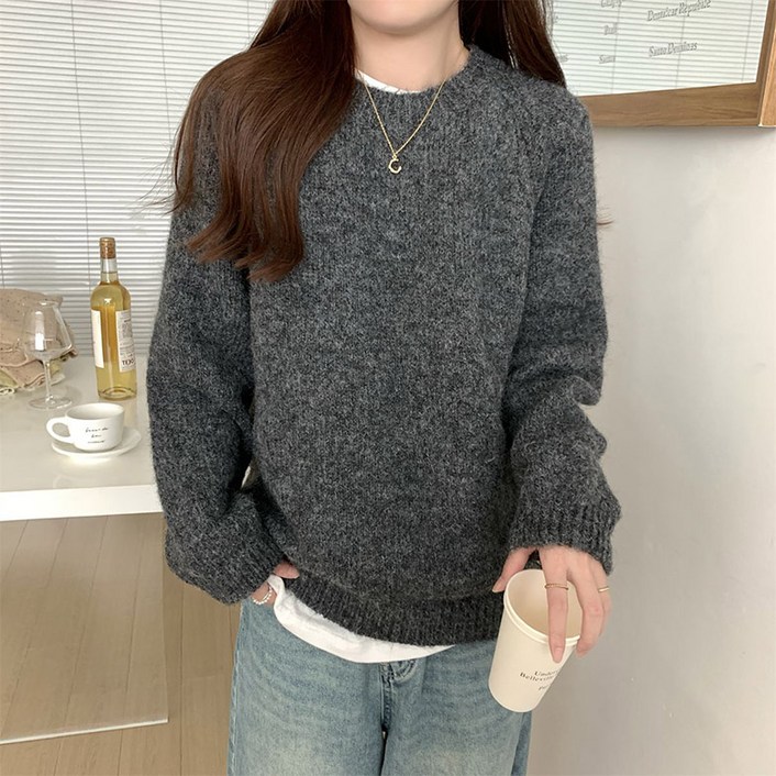 가을 겨울 여성 라운드 스웨터  루즈핏 도톰 긴팔  니트 상의