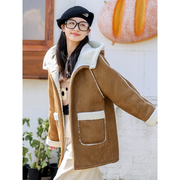 스웨이드 코트 페이크 무스탕 퍼 양털 여성 학생 겨울코트 하프 자켓 후드코트