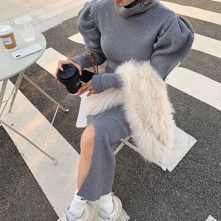 겨울 여성 롱 니트 원피스 여자 패션 니트 퍼프 소매 슬림핏 폴라 스커트 LCL