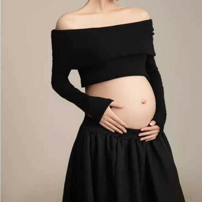 블랙 만삭 촬영 의상 오프숄더 투피스 임산부 주수 사진 옷 의상 크롭
