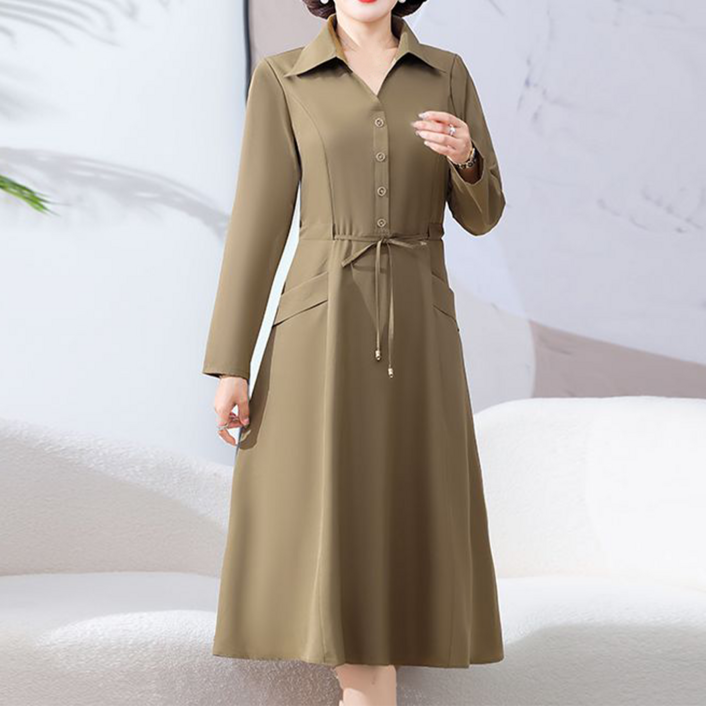 VVRR 여성 데일리 셔츠 칼라 버튼 디테일 웨이스트 스트링 롱 원피스 B0101016