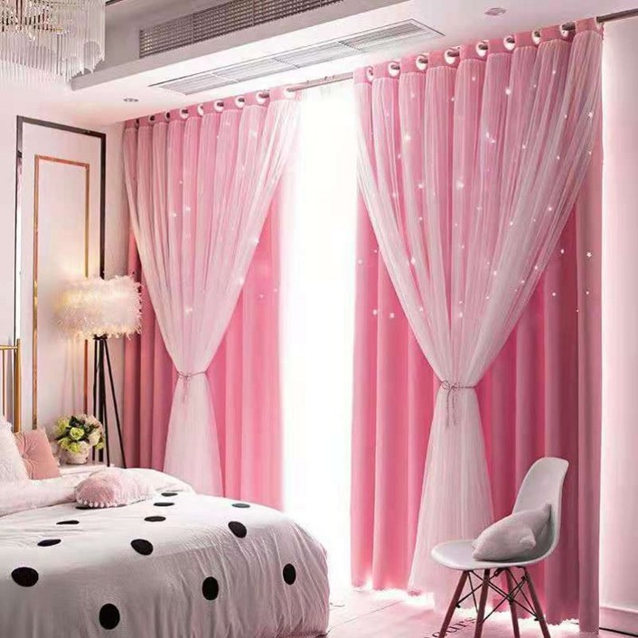 공주풍 커튼 암막커튼+레이스커튼 합쳐 세트 아일렛형 사계절 방풍 방한 단열 레이스커튼 암막커튼