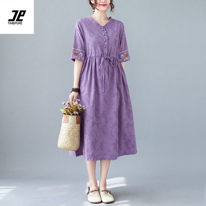 여름 에스닉 면 마 원피스 여 고급 허리 조임 루즈핏 날씬해 보이는 기질 린넨 스커트 개량 한복 일상복 나들이룩