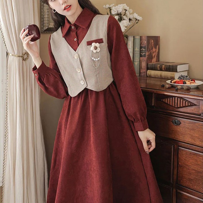 POMTOR  가을 베이지 체크 조끼 세트 긴소매 카라넥 단추 포인트 귀여운 디테일 캐주얼 스타일 여성 롱 원피스