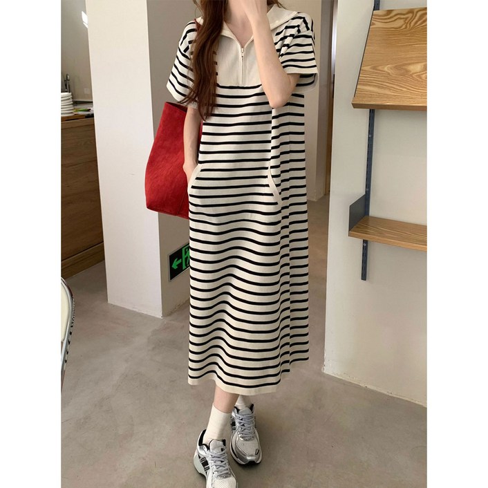 여성 롱원피스 봄여름 캐주얼 스트라이프 카라넥 반팔원피스 41100