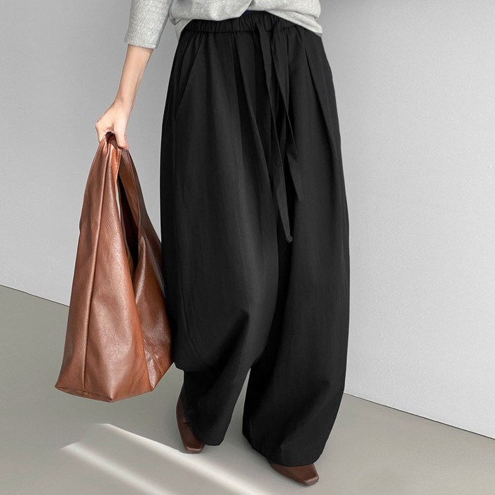 후암마켓 여성용 와이드 밴딩 팬츠 루즈핏 스트링 슬랙스