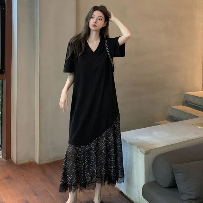 besteffie 브이넥 루즈핏 여성 여름 도트 레이어드 롱 원피스 데일리 컴포트핏 여자 베이직 데일리룩 K78