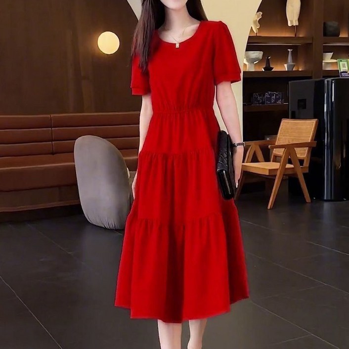 ROYALBELLE 여성 미디 라운드넥 허리밴딩 A라인 셔링 패치워크 반팔 원피스 A0042615