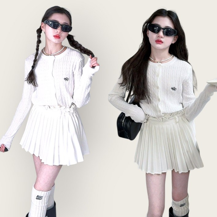 해피팡팡 - 봄 가을 아동  주니어 꽈배기 가디건 + 플리츠스커트 투피스 세트  ( 화이트코코 트윈셋 140-170호) 초중생 가을 투피스 추석 설날  여아 상하의세트 여아상하복세