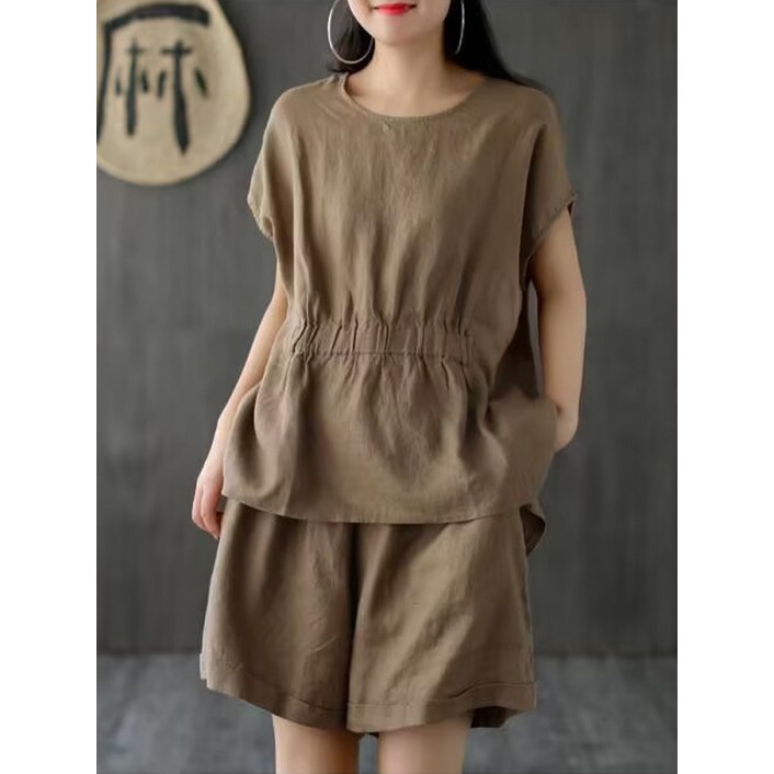 여성 여름 투피스 세트 캐주얼 반팔 반바지 코튼 리넨 정장 스타일