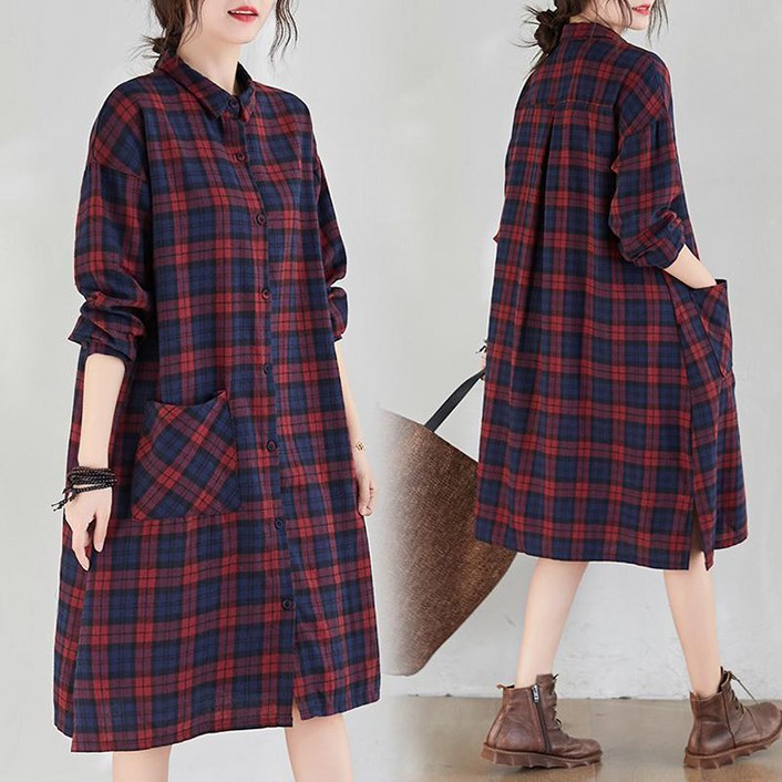 ORZQU 가을 여성 루즈핏 체크 롱 셔츠 빅사이즈 슬림핏 캐주얼 원피스