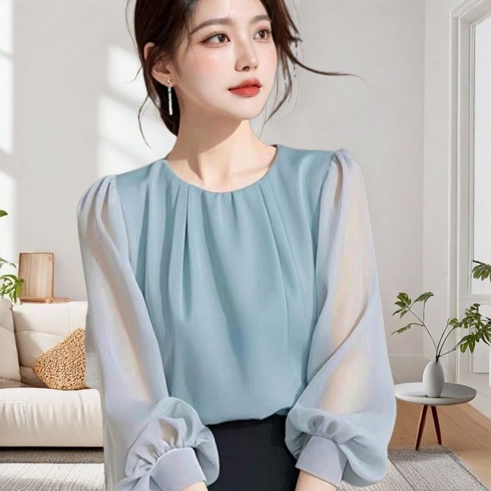 비아이와이 여성 여름 프랑스식 라운드넥 루즈핏 긴팔 쉬폰 블라우스 DH1044