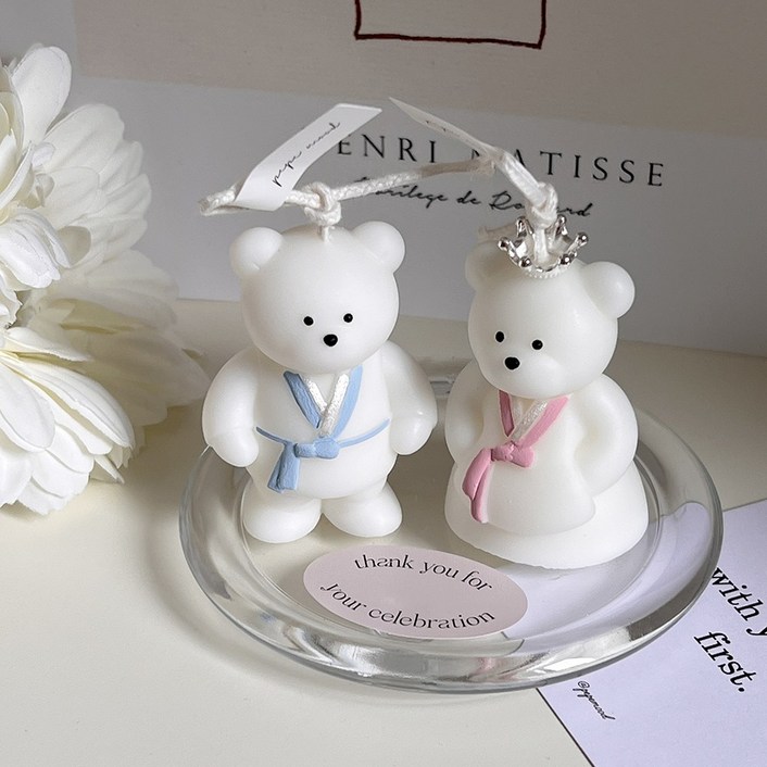 한복 베어 캔들 세트 (캔들 받침, 선물포장, 쇼핑백), 블랙베리 & 베이향