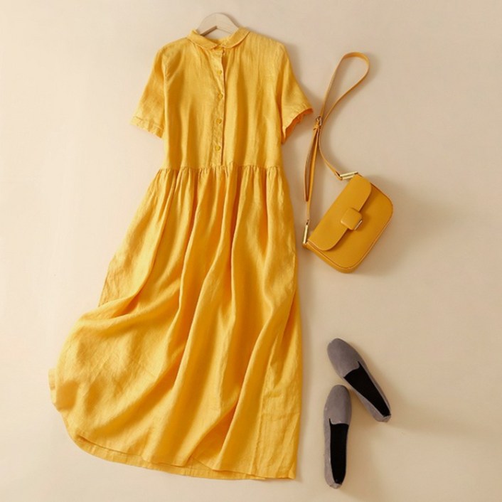 여성 시원 편안 면 마 소재 오버핏 A라인 롱 원피스 캐주얼한 디자인 봄 여름 가을 매력 반팔 스타일 활동적 일상 생활 안성맞춤 새로운 시즌스타일링