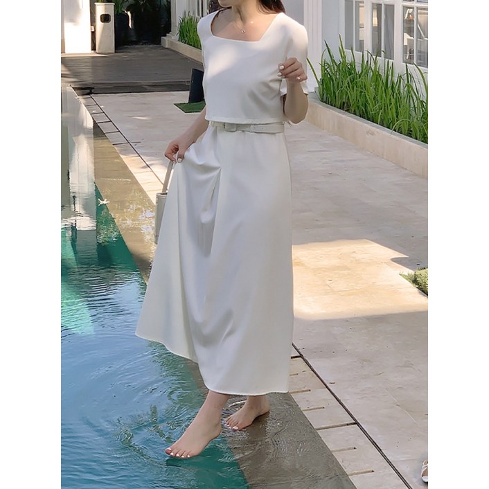 [리리앤코] 베린트니 스퀘어넥 벨트 맞주름 롱 원피스