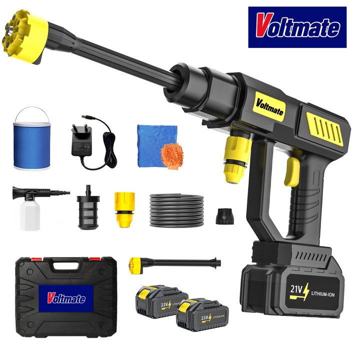 최신형Voltmate 차세대 독일 테크 6in1 다용도 노즐 고압 세척기 순동 고성능 모터 AI 스마트 칩 탑재 4000mAh 리튬 배터리 2개 가정용 휴대용 무선 세차기, 1세트