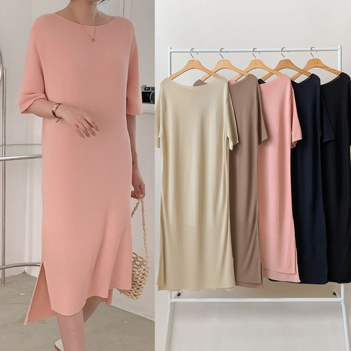 니트코어 여성 여름 루즈핏 빅사이즈 언발 트임 보트넥 반팔 니트 원피스 하객룩 하객원피스 만삭 임부복 임산부원피스 등하원룩