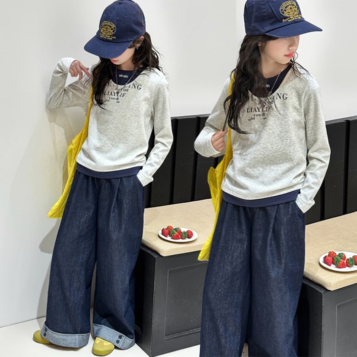 비비키드 여아 봄 가을 초중생 상하복 세트 주니어 영문 페이크 레이어드 청바지 긴팔티 상의하의 세트 초등생 긴바지 세트775053