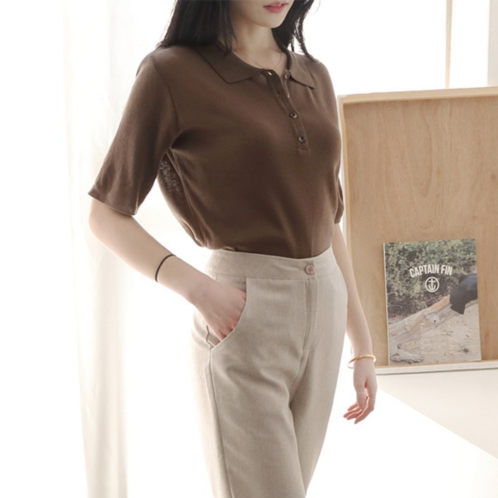 제니트 여성용 리딩카라 단추 반팔니트 N1210