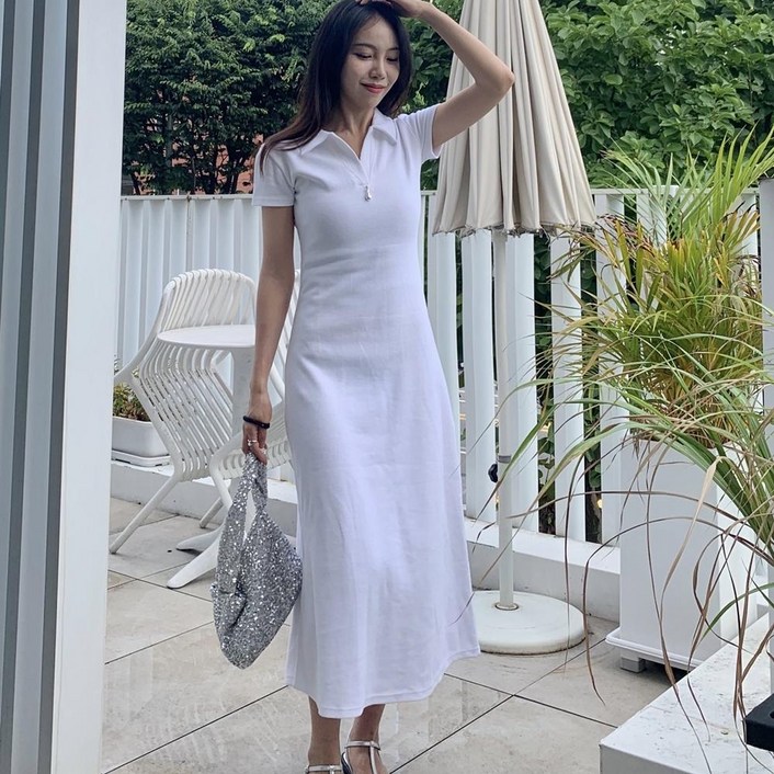 디아나즈 여리핏 반팔 카라 피케 롱원피스 여름 바캉스 휴가 코튼 면 원피스 3color