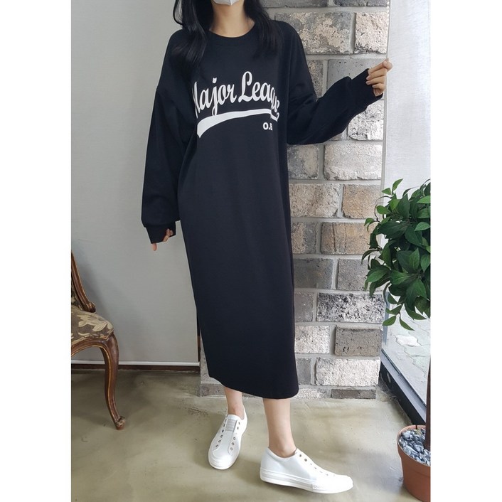 상상그이상 여성용 국내제작 간절기 메이저 원피스 빅사이즈 오버핏 면100 레터링 포인트 마실룩 홈웨어룩