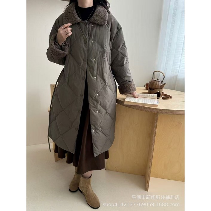 핏몬 여성 오리털 뽀글이 카라넥 퀼팅 다운 코트 경량 롱 패딩