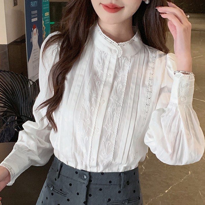 춘게엘 (S~2XL) 여성 봄가을 신상 코디 자카드 면 라운드 긴팔 셔츠 zy2003-8992
