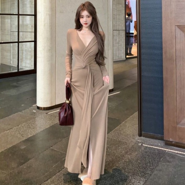 해피유통   여성용 봄 가을 긴 소매 긴 기장 드레스 엘레강트 브이넥 랩 스타일 허리 리본 원피스