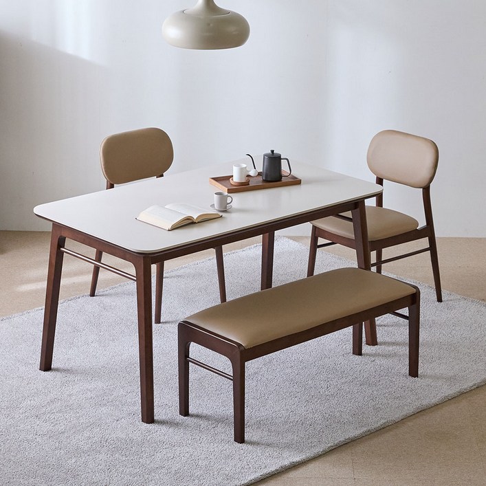 루리 세라믹 원목식탁 4인용 1400 + 의자2p + 벤치 세트 방문설치, 월넛(프레임, 의자, 벤치), 베이지(상판), 일반 2 + 벤치 1