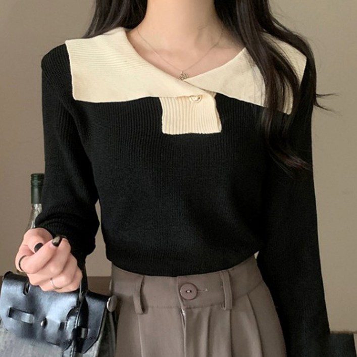 메이첼 여성용 컬러레이션 빅카라넥 니트 티셔츠 03891